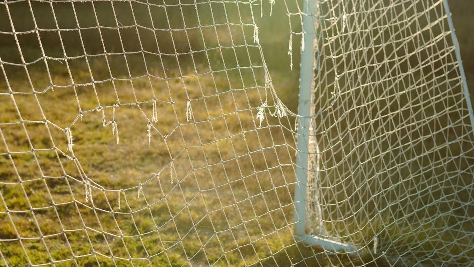 Rede de gol de futebol iluminada pelo sol em campo gramado
