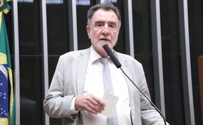 Deputado Patrus Ananias discursa no microfone ao lado da bandeira do Brasil
