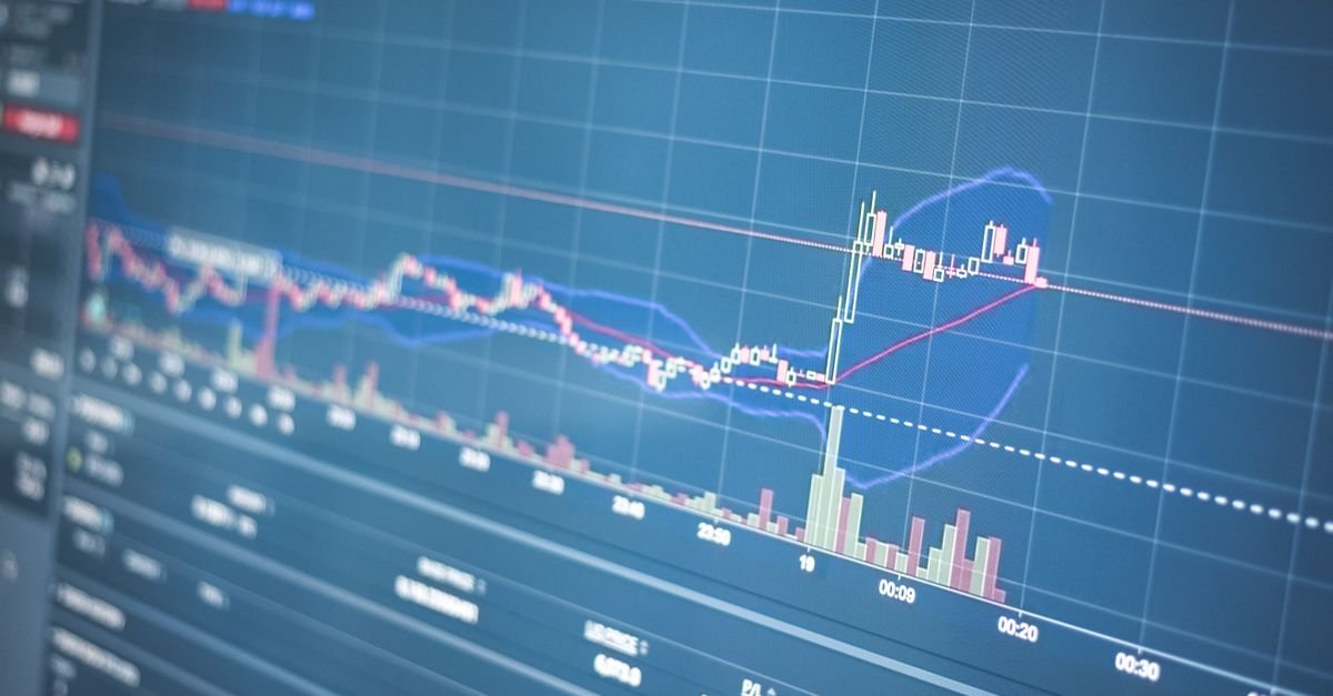 Close-up of a financial graph on a screen showing stock market trading data and trends.