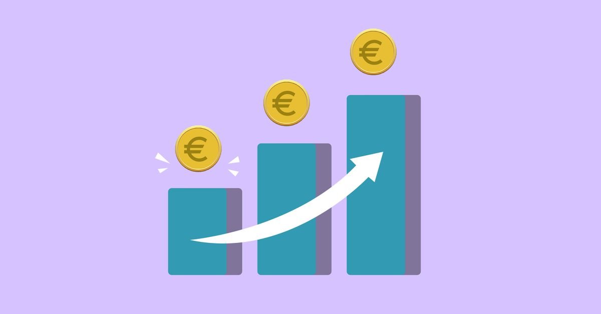 Vector illustration of income growth chart with arrow and euro coins against purple background
