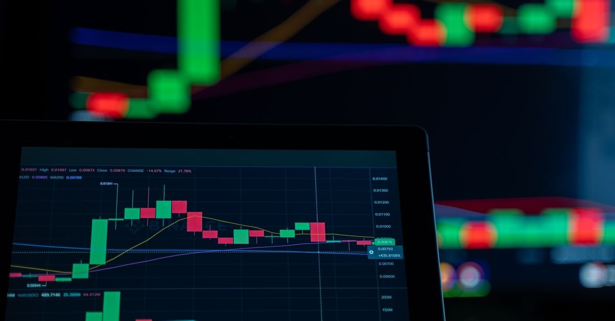 Close-up of a digital trading chart with candlestick patterns and market analysis in a dark setting.