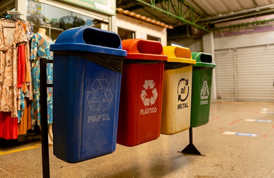 Quatro lixeiras coloridas com etiquetas papel, plástico, metal e vidro