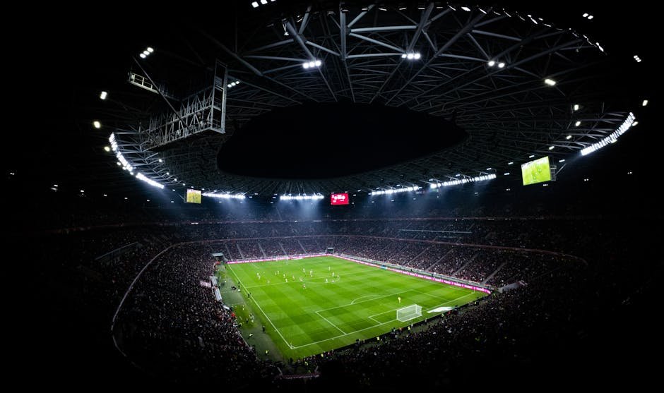 Estádio de futebol com torcida e iluminação