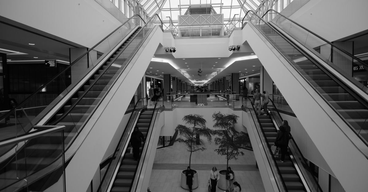 Black and white photo of a modern indoor shopping mall featuring escalators and glass ceiling.