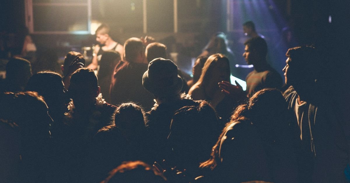 A lively crowd enjoying a concert with soft lighting and performers on stage.