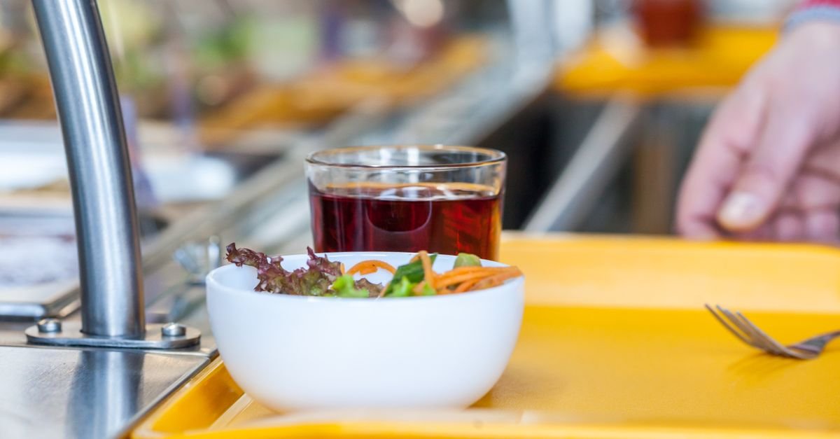 Crop unrecognizable person with bowl of delicious salad and glass of refreshing drink in self service restaurant