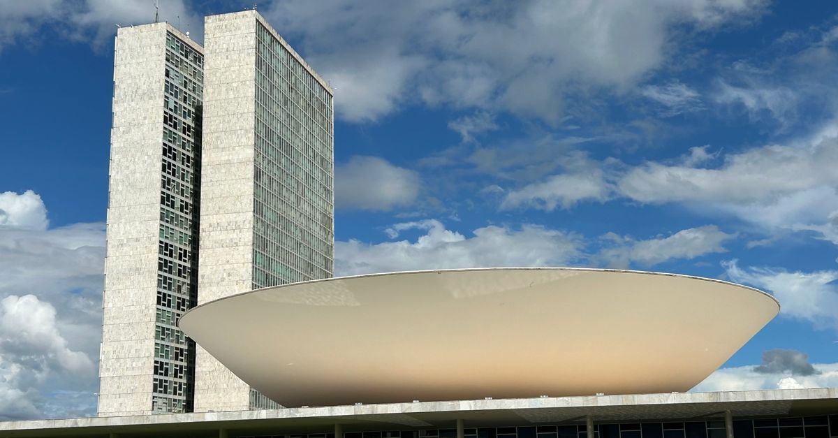 National Congress of Brazil with a clear sky background in Brasília's architectural landscape.