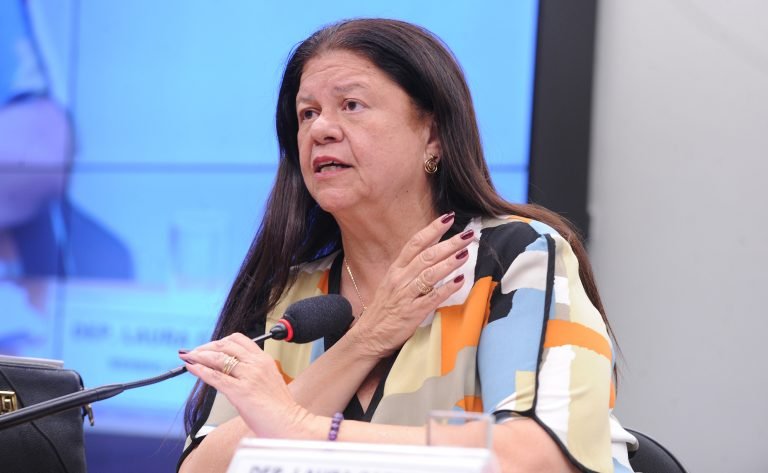 Deputada Laura Carneiro fala ao microfone durante reunião de comissão na Câmara dos Deputados