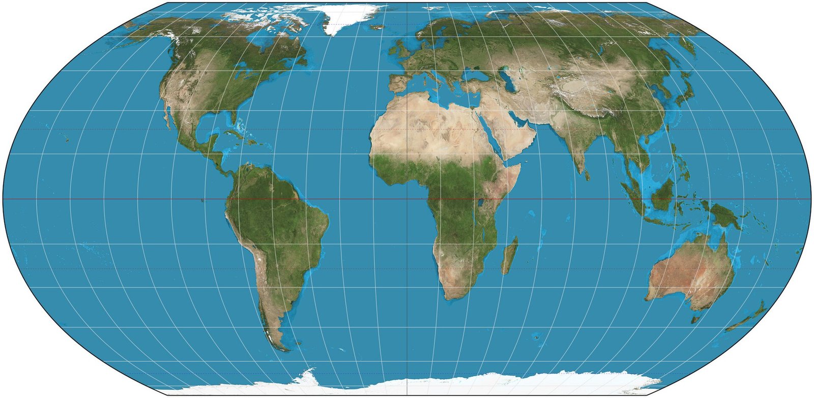 Mapa-múndi na projeção Equal Earth com meridianos curvos e continentes em imagem de satélite