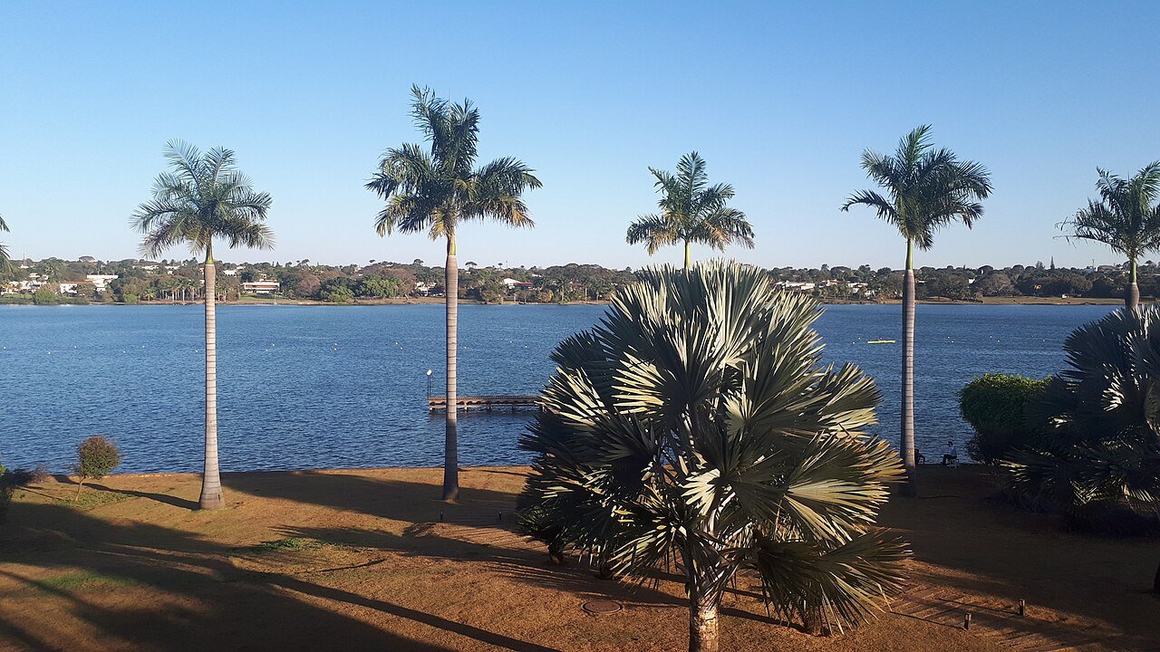 Vista do Lago Paranoá com palmeiras e um píer de madeira na orla, em Brasília