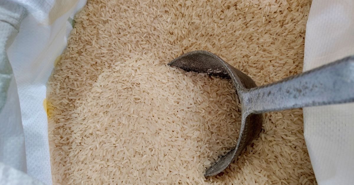 Arroz cru dentro de saco branco com concha metálica