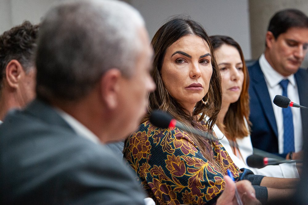 A deputada federal Paula Belmonte acompanha audiência pública sentada à mesa, ao lado de outros participantes e microfones