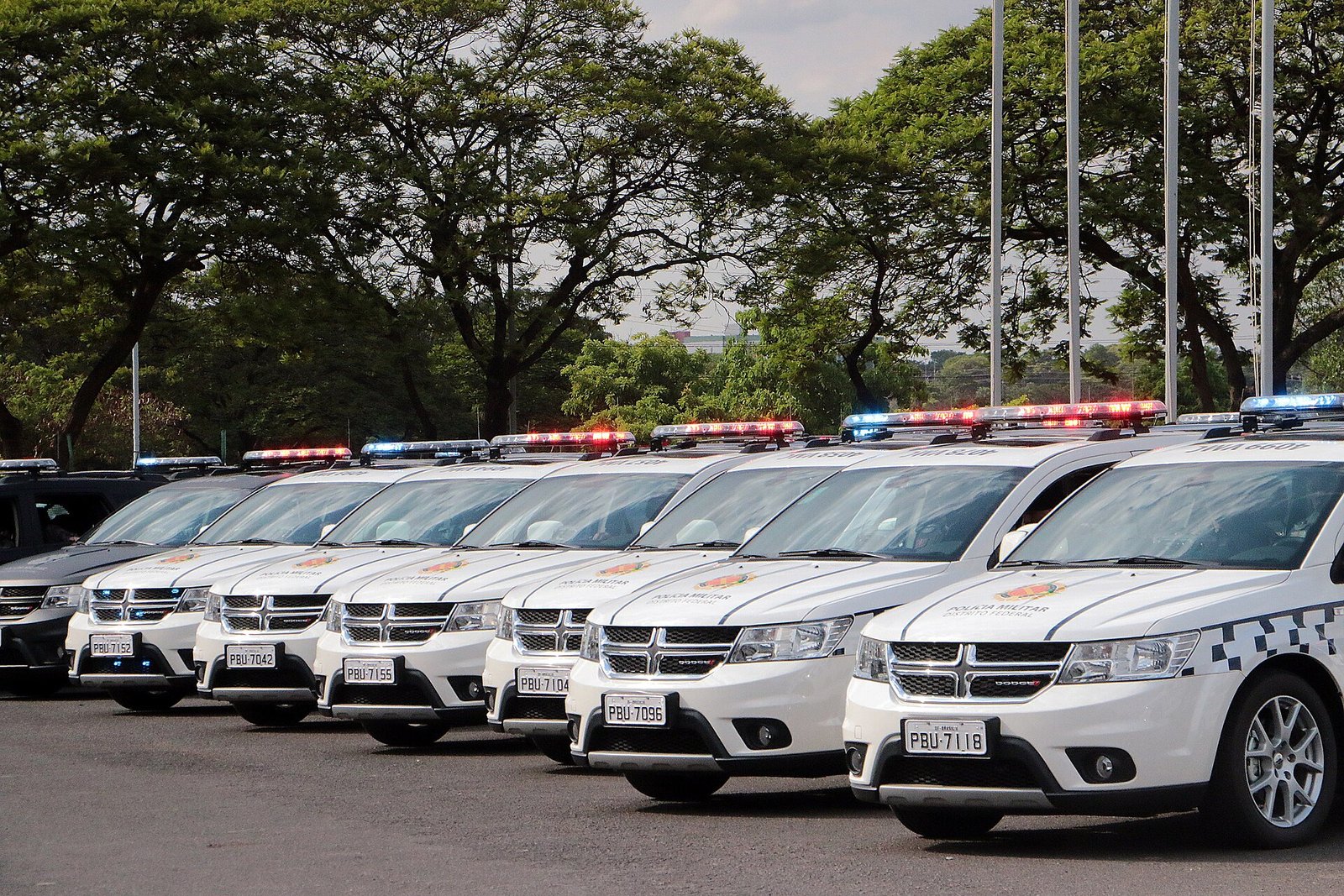 Fileira de viaturas brancas da Polícia Militar do Distrito Federal com giroflex ligado